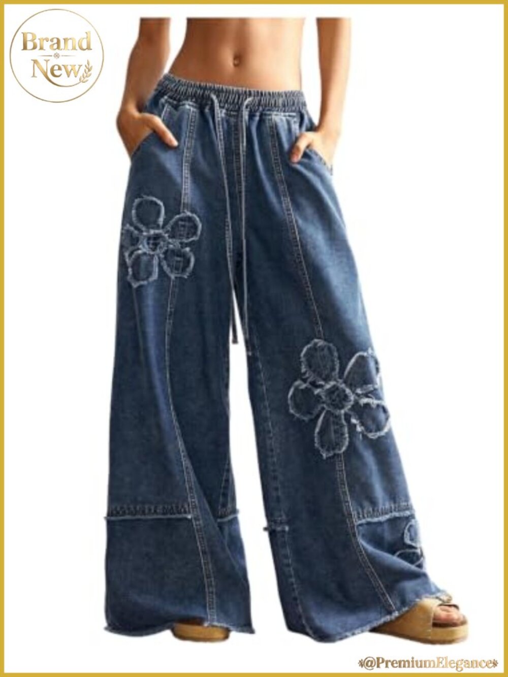 Wide Leg Baggy Denim Jeans Boho Y2K Drawstring Waist Streetwear
